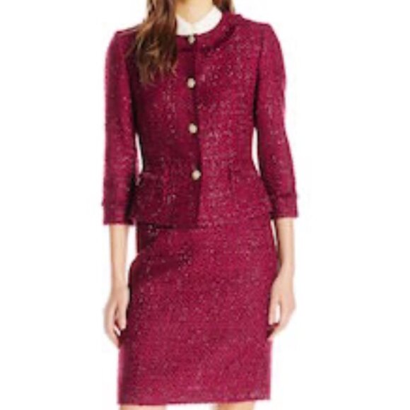 Tahari ASL Dresses & Skirts - Tahari ASL Magenta Metallic Tweed Skirt Suit with Fringe Detail, Size 10